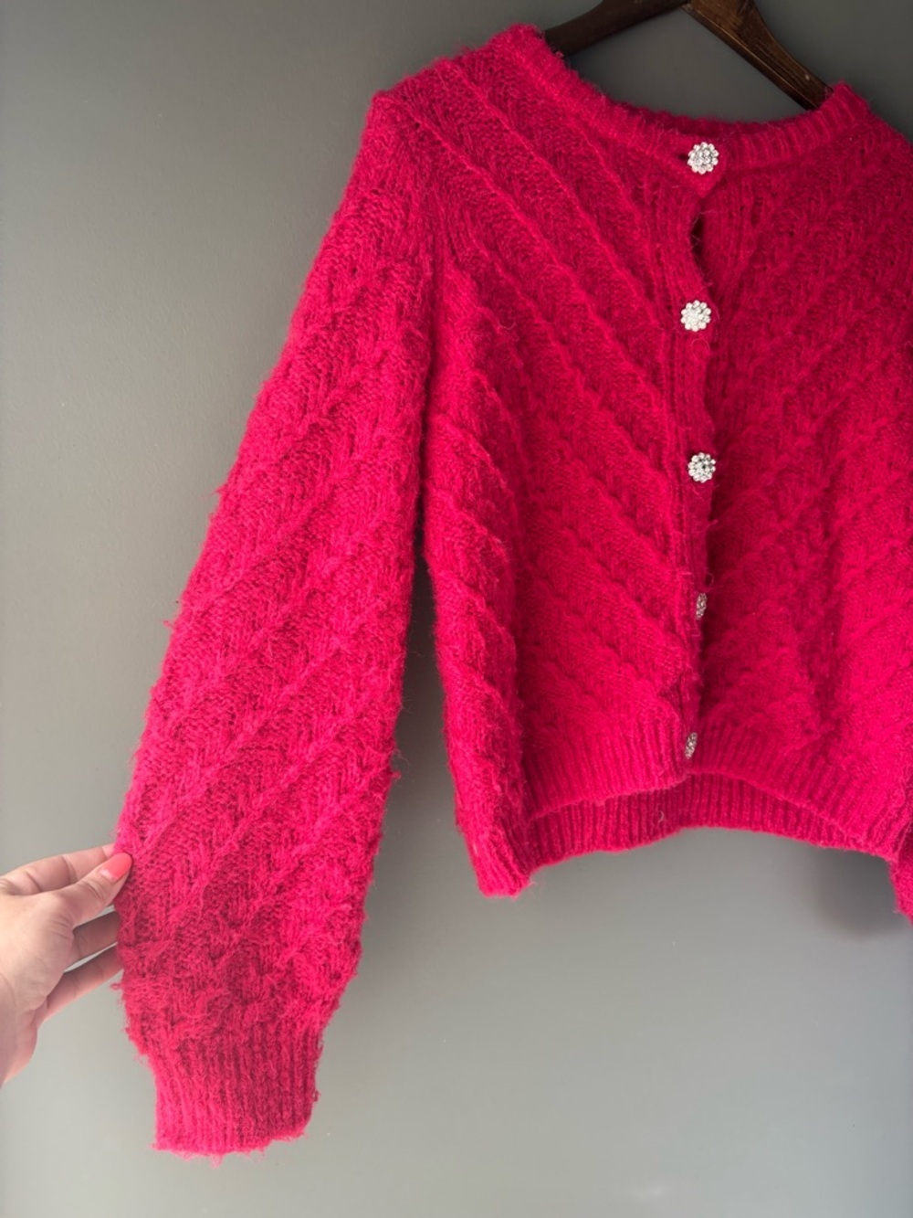 ONLY Life Pink Fuzzy Knit Cardigan Medium Barbiecore Rhinestone Buttons - Picture 3 of 6
